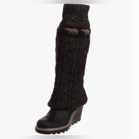 Sorel Crazy Cable Wedge Knit Winter Boots Leather Size 39.5 or 8.5 Black Tall - Picture 1 of 9